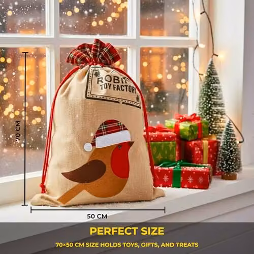 Shatchi Large Robin Santa Sack in Multicolour Burlap Hessian Linen, W/D/H: 70 x 50 x 50 cm – 3