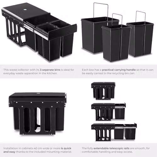 tectake Ashlyn Kitchen Bin with 3 Compartments and Telescopic Rails, Black, 31L Capacity – 4