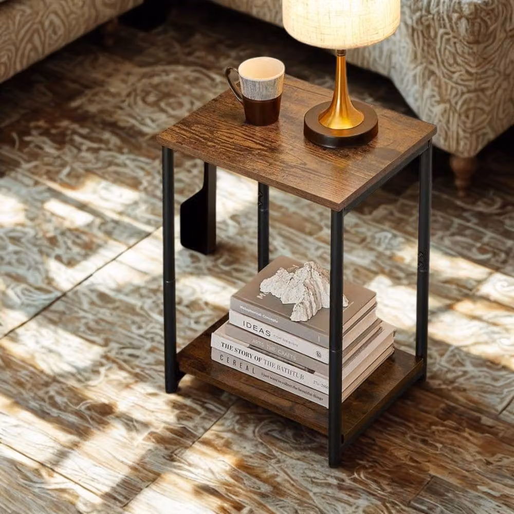Pirlo Plush 2 Tier Side End Table with Black Steel Frame and Brown Composite Wood Tiers, W/D/H: 30 x 30 x 50 cm – 5