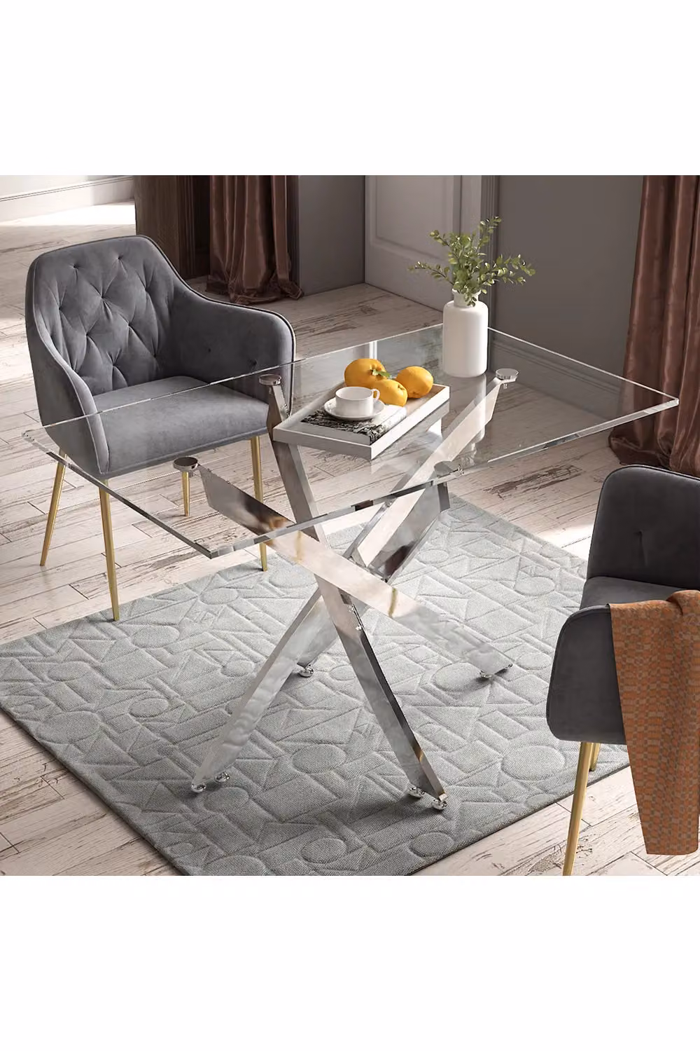 Living and Home Rectangular Tempered Glass Coffee Table with Chrome Cross Legs, Clear, W/D/H: 75 x 70 x 70 cm – 3