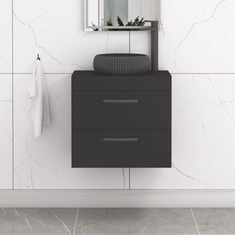 Royal Bathrooms Turin 600mm Wall Hung Vanity Unit with 2 Drawers and Countertop Basin in Matt Black and Milan Black with Brushed Brass Handle