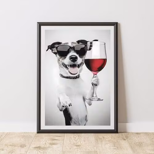 60 Second Makeover Limited Funny Jack Russell Drinking Wine Paper Poster, Black and White, A3