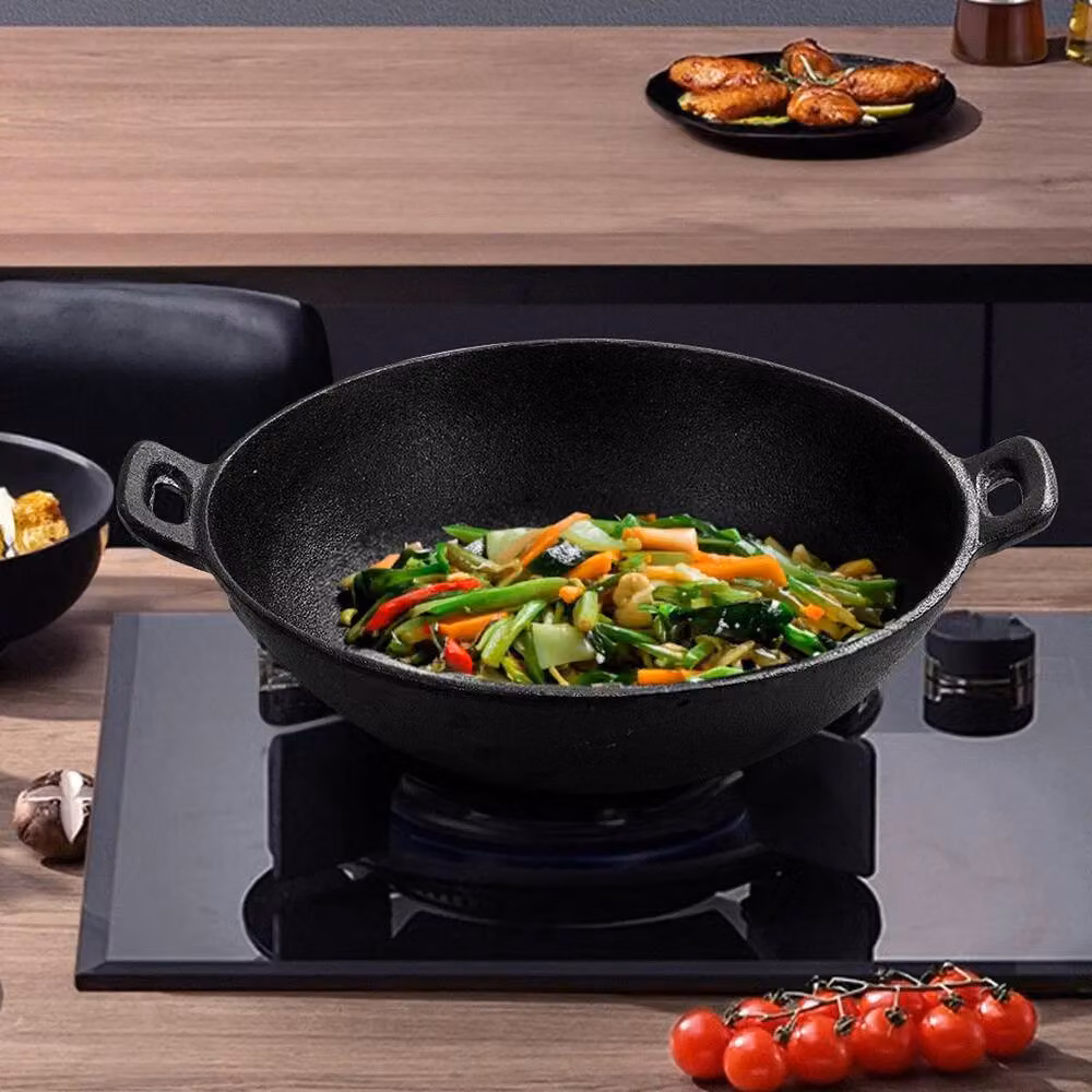 FLAVORA Black Uncoated Cast Iron Chinese Stir Fry Frying Pan W: 35.5 cm, D: 30 cm, H: 9 cm – 4