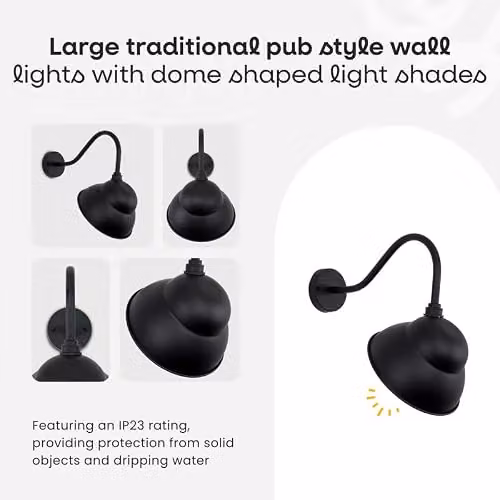 MiniSun Set of 2 Black Metal Traditional Pub Style Outdoor Wall Lights with Dome Shaped Shades and 6W Warm White LED Bulbs – 2