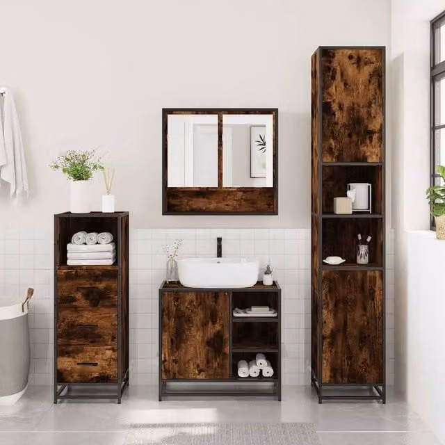 Berkfield Home 3 Piece Industrial Bathroom Furniture Set in Brown Smoked Oak – 1