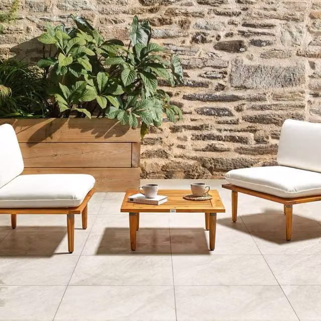 Wyld and Coco Acacia Wood and Steel 2-Seater Garden Sofa Set with Off-White Cushions in White – 1