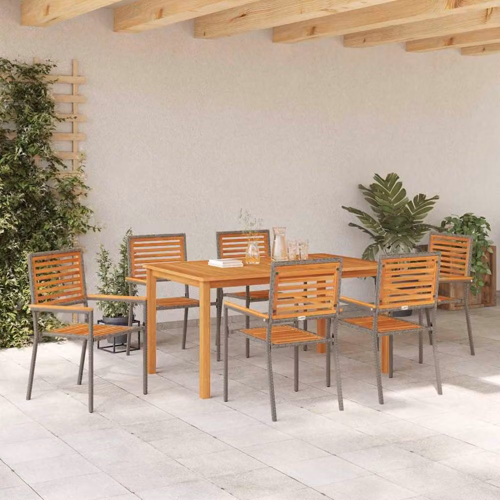 Berkfield Home Modern 7 Piece Grey Poly Rattan and Acacia Wood Garden Dining Set – 3
