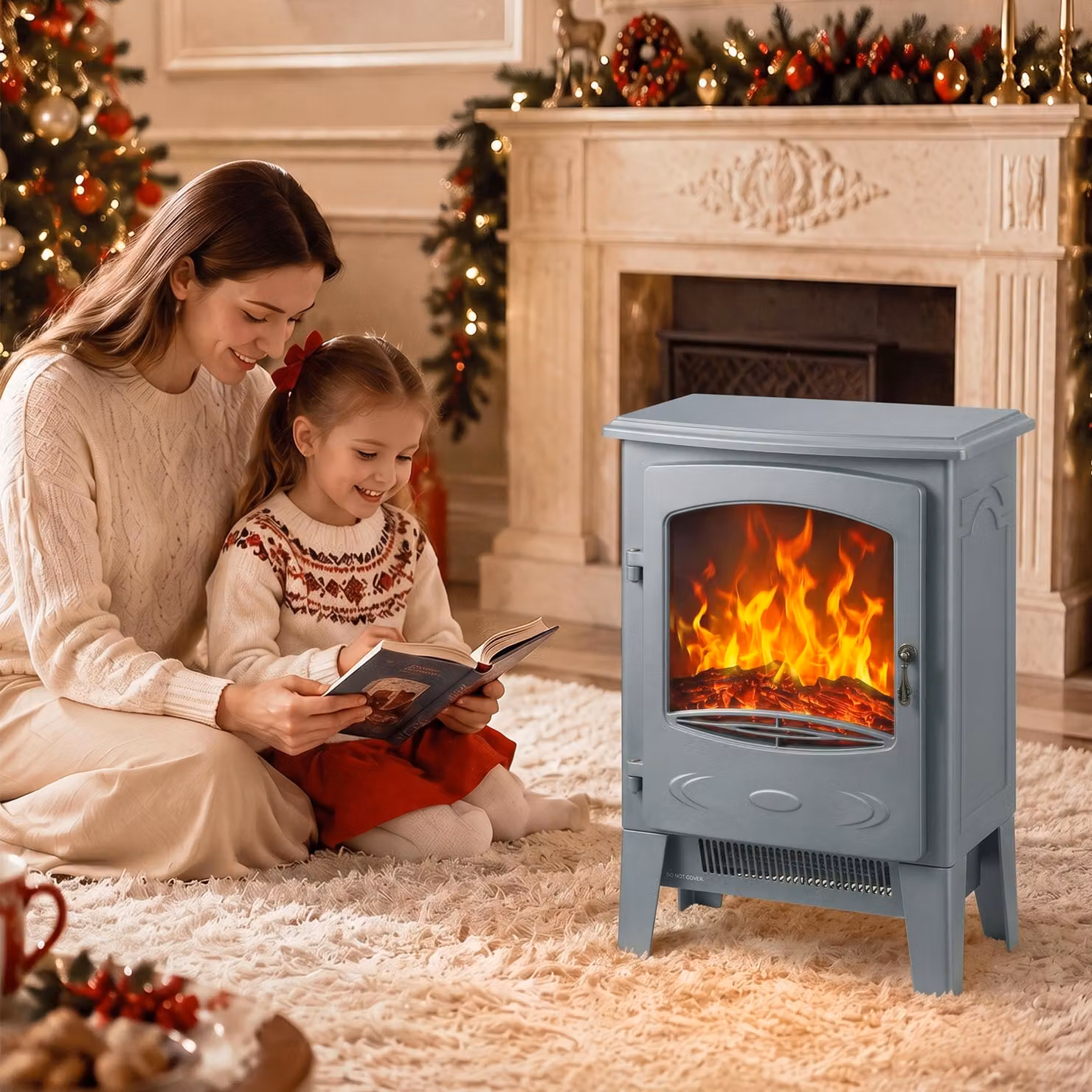 HOMCOM Grey Freestanding Electric Fireplace with Realistic Flame Effect and Log Burner, 1000W/2000W – 2