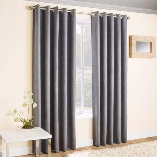 Enhanced Living Vogue Grey Silver Eyelet Thermal Dimout Curtains, W: 137 cm, H: 229 cm