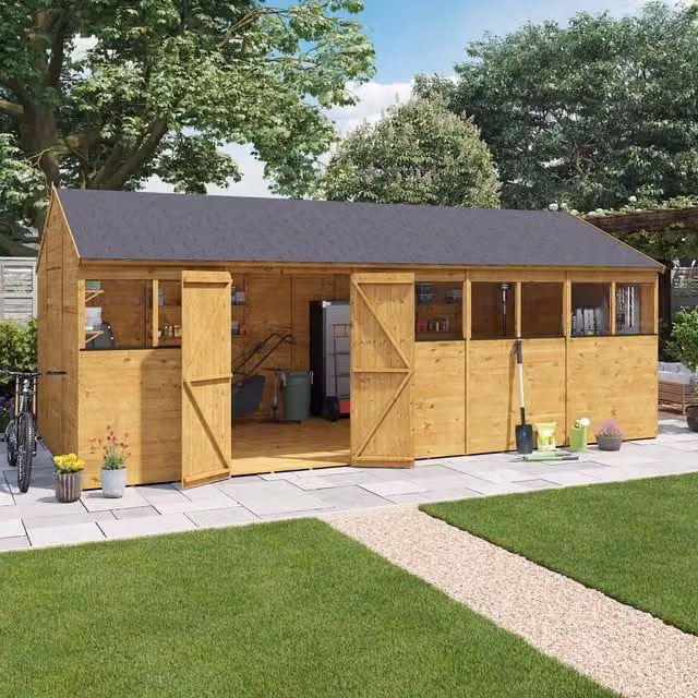 BillyOh Brown Wooden Reverse Apex Workshop with Windows, W: 609.6 cm, D: 548.64 cm