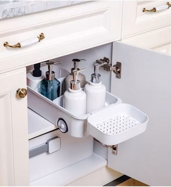 Living and Home 3-Grid Pull Out Sliding Storage Basket with Soap Box Wheeled Cabinet Drawer Organiser in White – 1