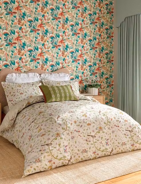 Sanderson Aril's Garden Floral Cotton Mako Sateen Bedding Set, Green Multicolour, W: 180 cm, L: 200 cm
