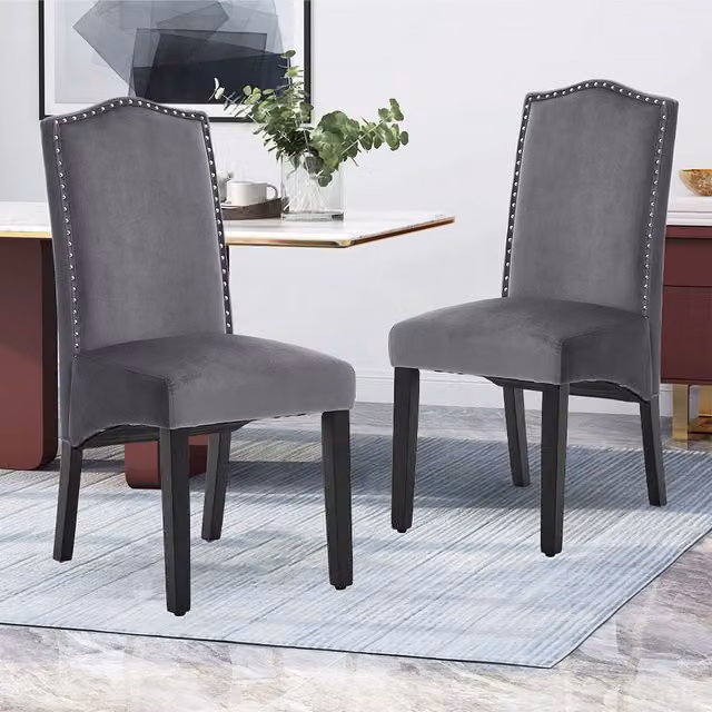 Livingandhome Set of 2 Grey Velvet Upholstered Dining Chairs with Rubberwood and Metal Legs
