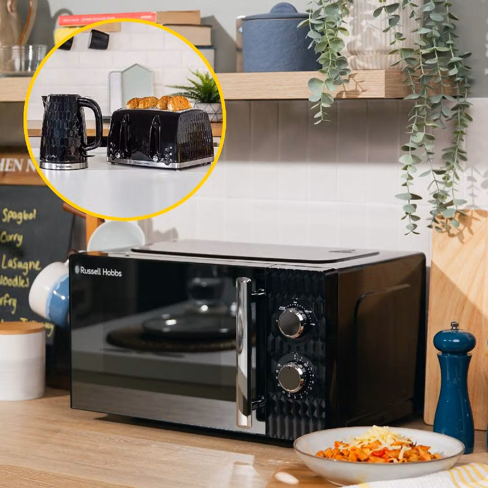 Russell Hobbs Honeycomb Bundle Set including Kettle, 4 Slice Toaster and Microwave in Black – 3