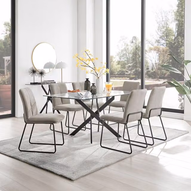 FurnitureboxUK Leonardo Modern Glass Kitchen Dining Table with 6 Halle Beige Chairs