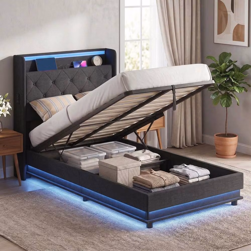 FORGEVIO Lift Up Storage Bed Frame with RGB LED Under-Bed Lighting in Dark Grey Fabric, 90 x 190 cm – 2