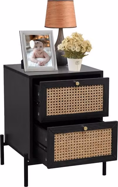 Home Stuff Plus Black Rattan Minimalist Bedside Table