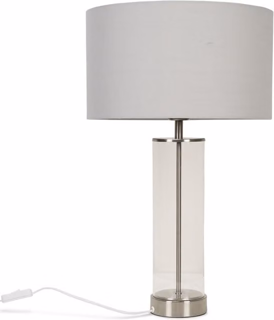 Balan Clear Tube Table Lamp with Grey Fabric Shade and Glass Base in Grey and Silver