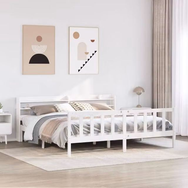 Berkfield Home Super King Bed Frame in White Solid Pine Wood with Side Compartments, 180 x 200 cm