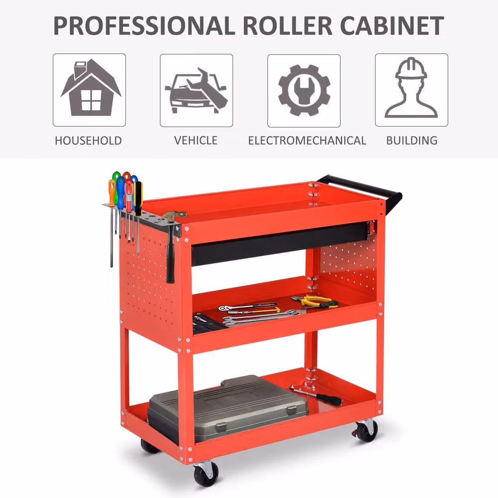 STILVORA Metal Tool Trolley Storage Unit with Wheels in Red – 7