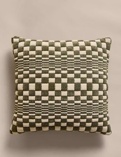 M&S Green Mix Checked Chenille Quilted Square Cushion