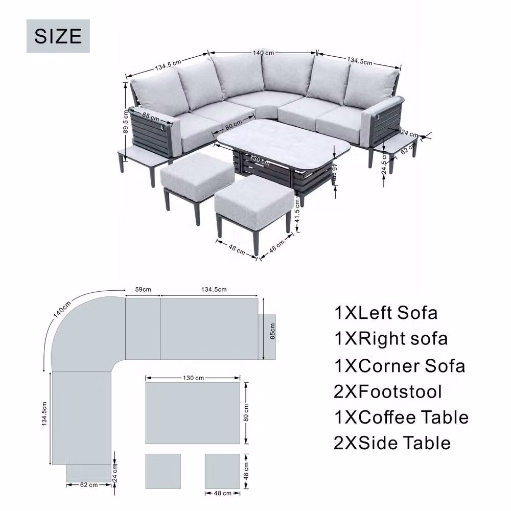 Mimo 7-Piece Modular L-Shape Corner Sofa Set with Coffee Table and Ottoman in Grey Powder Coated Aluminium – 3
