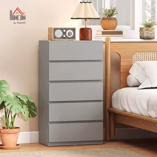 HOMCOM Modern Grey Chest of Drawers with 5 Soft-Close Drawers for Bedroom or Living Room – 2