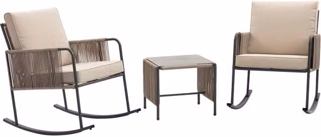 Teamson Home Modern Outdoor Garden Table and Rocking Chair Furniture Set in Beige Steel