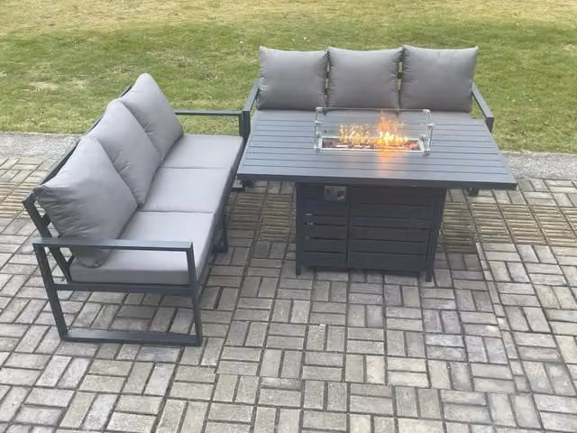 Fimous Aluminium 6 Seater Outdoor Garden Lounge Sofa and Gas Fire Pit Dining Set in Dark Grey