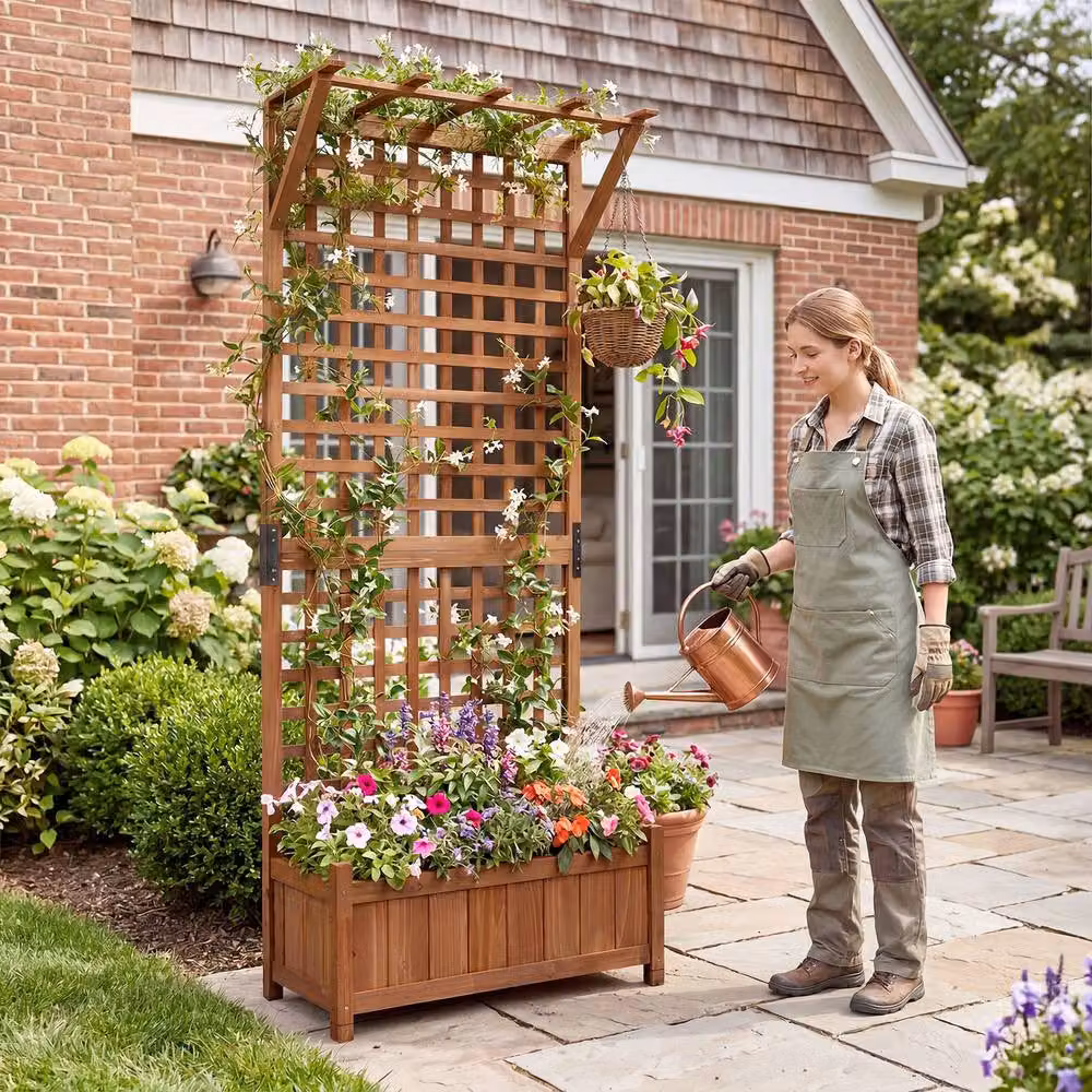 Costway Brown Wooden Raised Garden Bed with Hanging Roof and Trellis Fir Wood Planter Box – 3