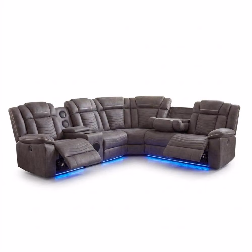 HOME LUXE INTERIOR Rico Dark Grey Fabric Electric Recliner Corner Sofa with LED Lighting, Bluetooth, USB Charging and Cup Holders – 3