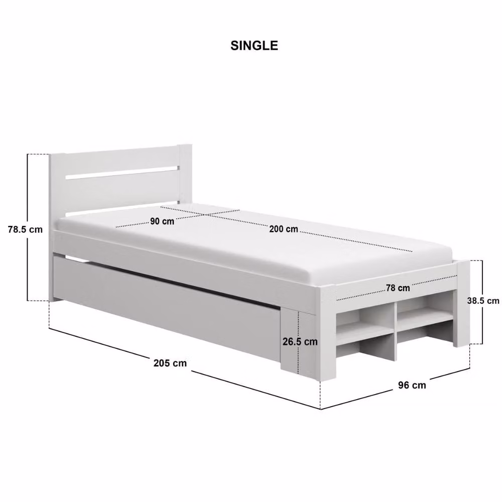Noomi Pradis Single Storage Bed in White Lacquered Solid Pine W/D/H: 90 x 200 cm – 4