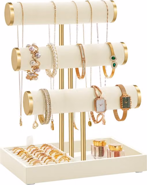 SONGMICS 3 Tier Jewellery Display Stand in White and Gold