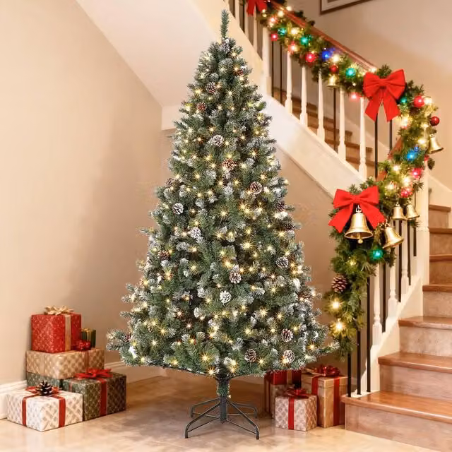London Boutique 7.5ft Snow-Flocked Artificial Christmas Tree with Pine Cones in Green