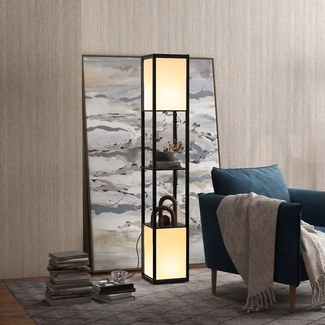 HOMCOM Modern Dual Light Floor Lamp with Shelf, Black