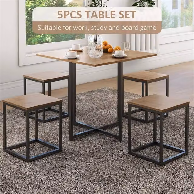 EONLION 5-Piece Modern Wood Bar Table and Chair Set in Brown