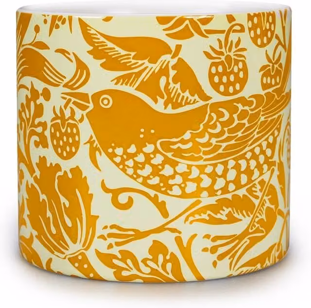 William Morris Strawberry Thief Floral Ceramic Tabletop Pot in Yellow, Diameter: 10 cm