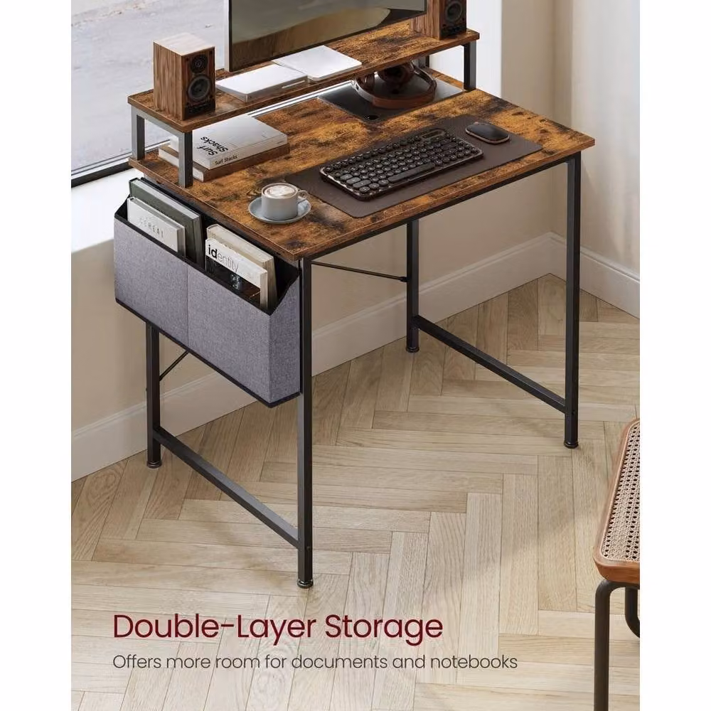KORVIXA Computer Desk with Monitor Riser and Fabric Pouch in Brown – 3