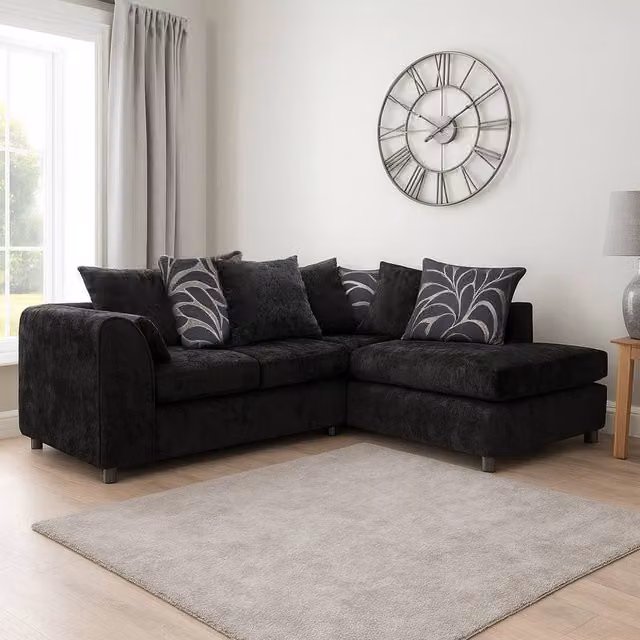 Furnishings For Less UK Zina 3-4 Seater L-Shaped Corner Sofa, Right Hand Facing, Black Chenille Fabric