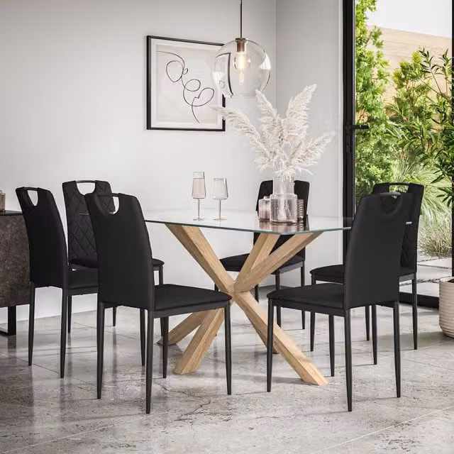 More4Homes Etta Glass Dining Table and Monza Black Faux Leather Chair Set of 6 – 1