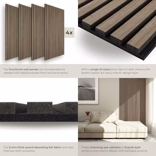 tectake Set of 4 Sound-Absorbing Acoustic Wall Panels with MDF and Wood Look in Brown, W/D/H: 120 x 60 x 2.1 cm – 4