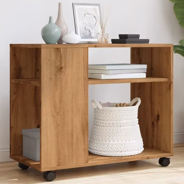 Berkfield Home Artisan Oak Side Table with Wheels in Brown, W/D/H: 70 x 35 x 60 cm