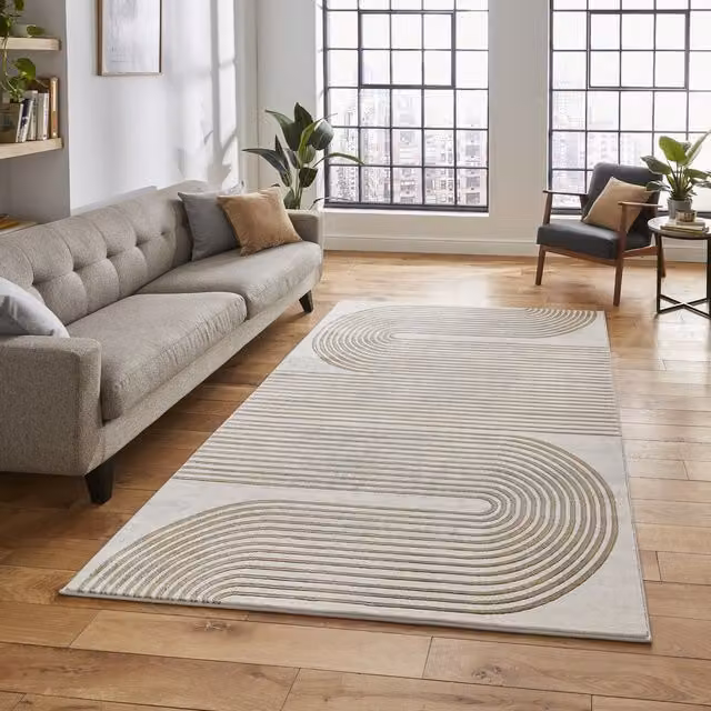 Terrys Modern Abstract Machine Woven Rectangular Rug in Grey, Gold and Beige