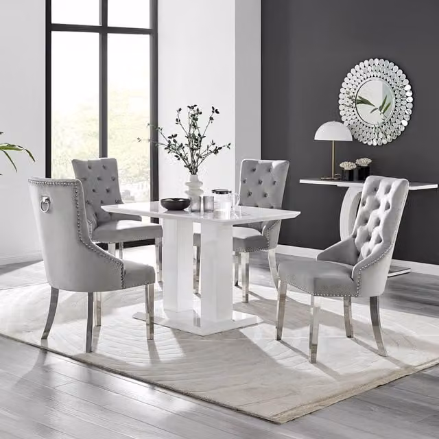 FurnitureboxUK White Imperia 4 Rectangular Dining Table and 4 Belgravia Grey Upholstered Chairs Set, W/D/H: 120 x 70 x 70 cm