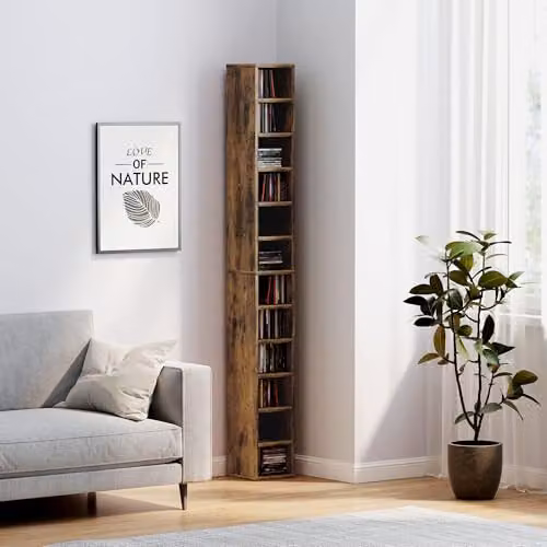 HOMCOM Corner CD Storage Unit with 12 Media Compartments, Rustic Brown, Height: 175 cm – 7
