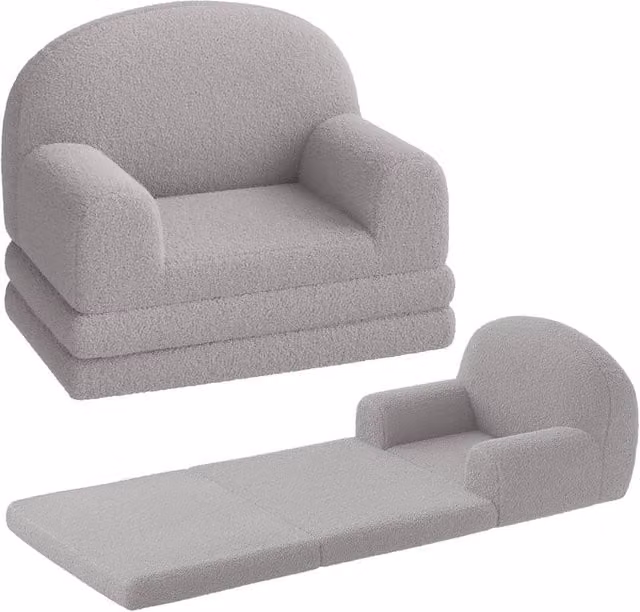 VOGREX 2-in-1 Folding Kids Couch and Toddler Sofa Bed in Grey with Soft Sherpa Fabric