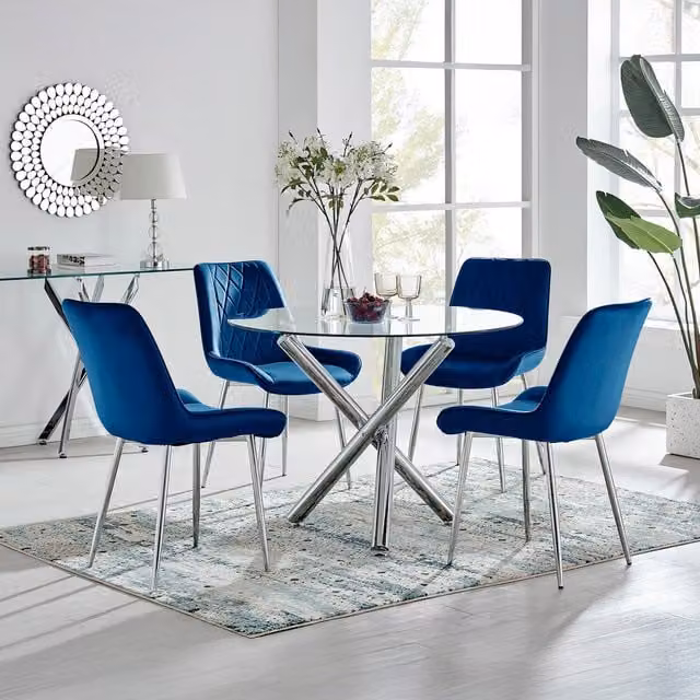 FurnitureboxUK Selina Round Glass Dining Table with Four Pesaro Silver Leg Chairs in Blue and Silver