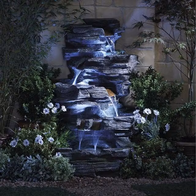 Serenity Cascading Rock Pool Water Feature with LED Lights in Grey