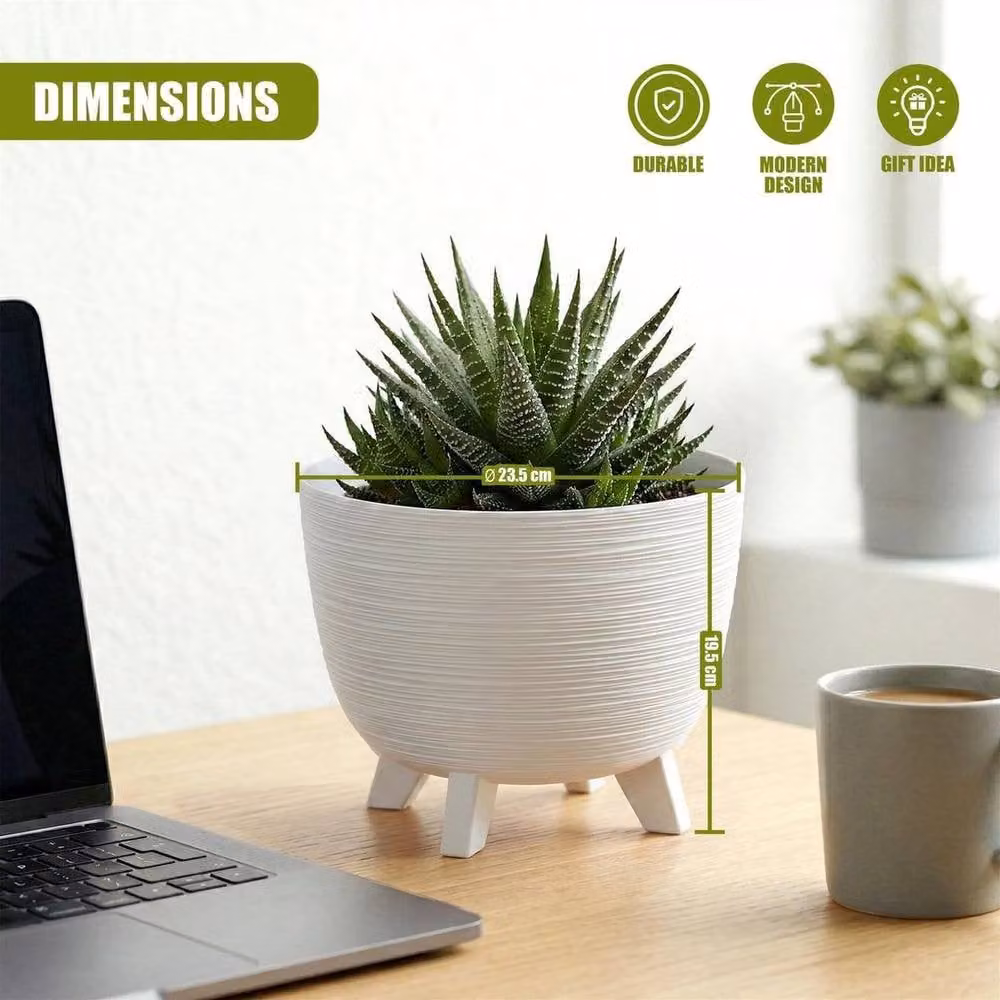 EONLION Modern Round Plant Pot with Legs in White, 23.6 cm – 2