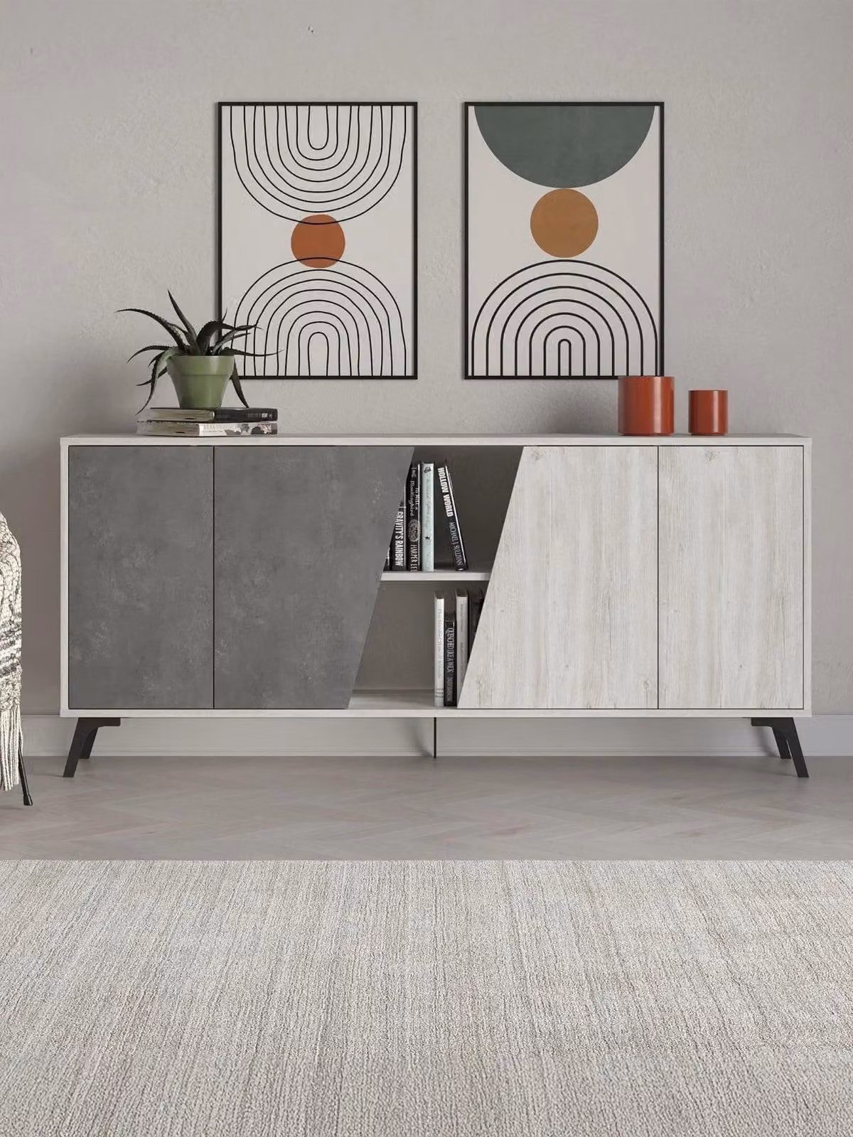 Decortie Fiona Large Sideboard in White and Grey with 4 Doors for your Hallway or Living Room